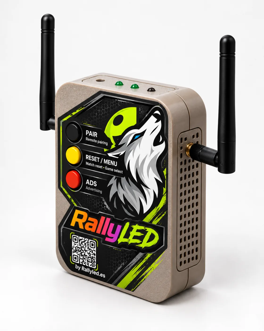 RallyControl, el controlador RALLYLED con dos antenas y botones PAIR, RESET / MENU y ADS