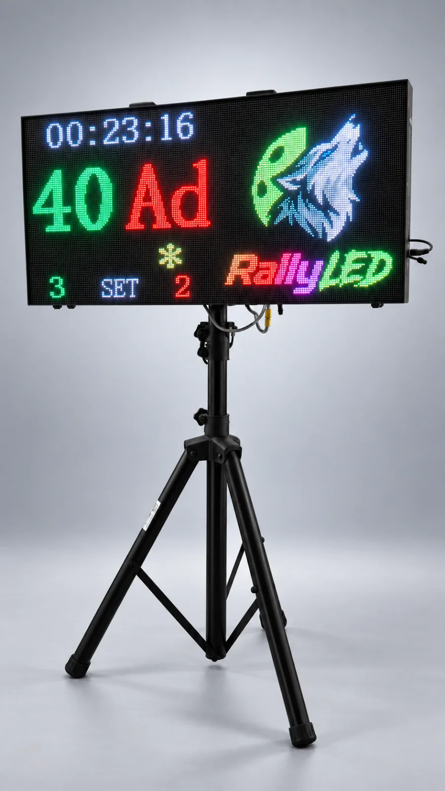 RALLYLED Club encendido marcando 40 Ad, con el logo en la ventana de publicidad
