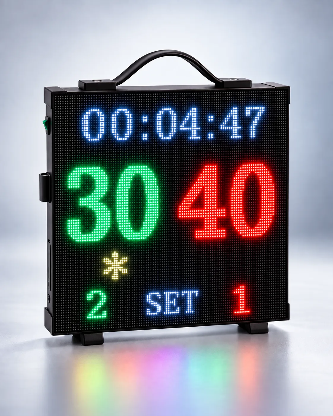 RALLYLED Compact encendido marcando 30 a 40 en pádel, sets 2 a 1