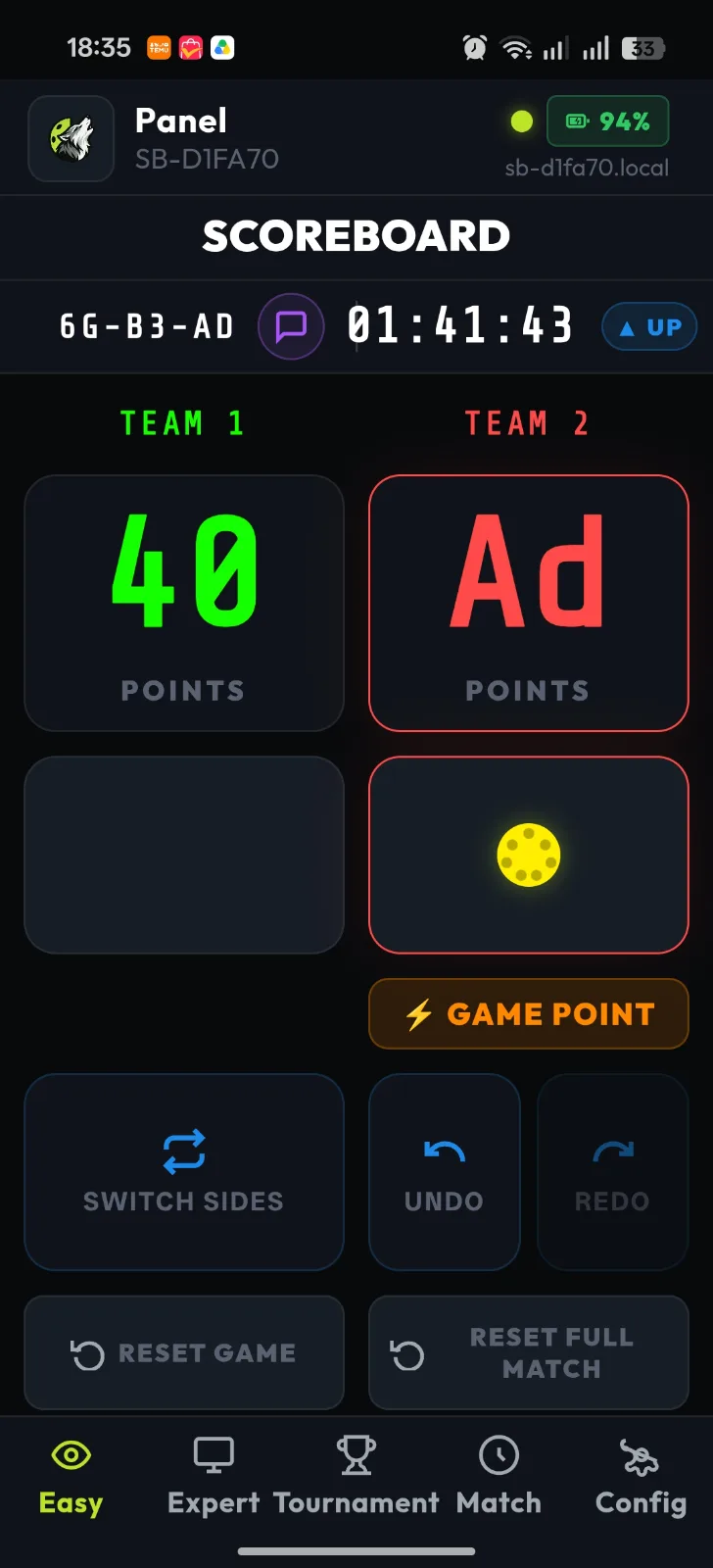 App RALLYLED en pádel, vista Easy: 40 a Ad con aviso de Game point