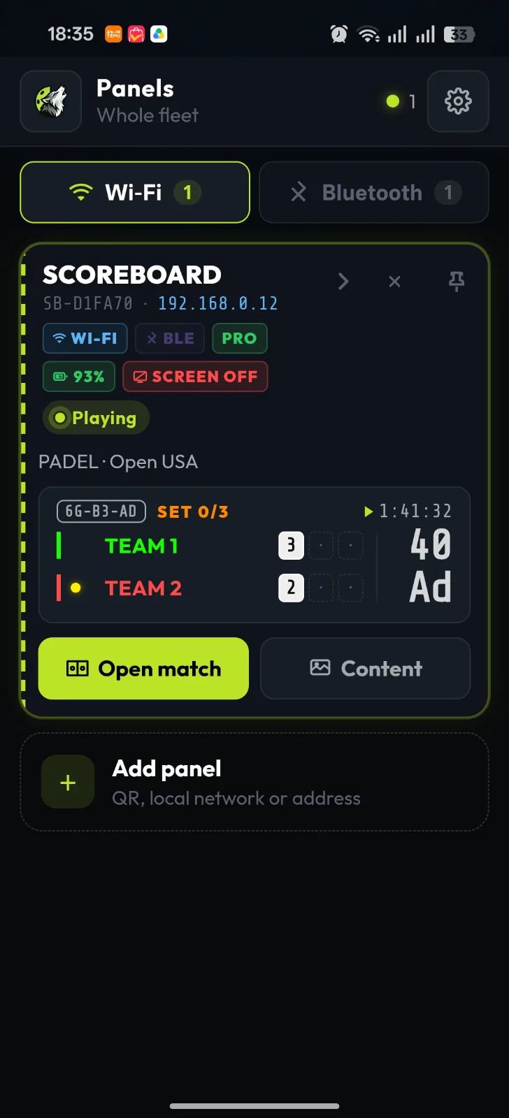 App RALLYLED en el móvil, vista Panels: marcador jugando Pádel Open USA, Team 1 40 y Team 2 Ad