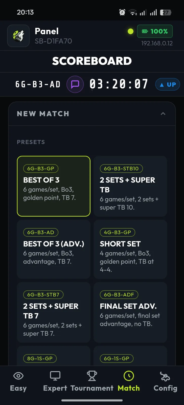 App RALLYLED, selector de formatos de pádel: Best of 3, 2 sets + super TB, short set, final set con ventaja