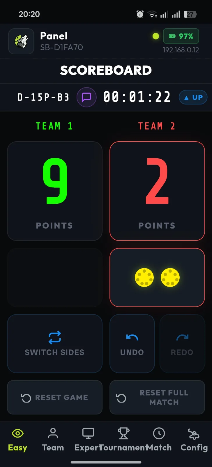 App RALLYLED en el móvil, vista Easy: Team 1 9 puntos, Team 2 2 puntos