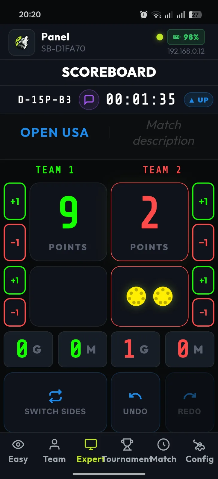 Vista Expert de la app en un móvil: puntos 9 a 2 con botones +1 y −1