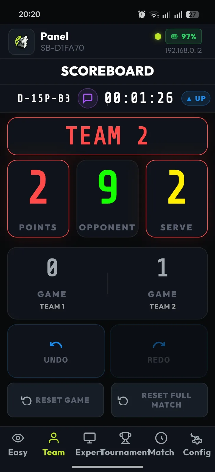App RALLYLED en el móvil, vista Team: Team 2 con 2 puntos, 9 del rival y saque 2