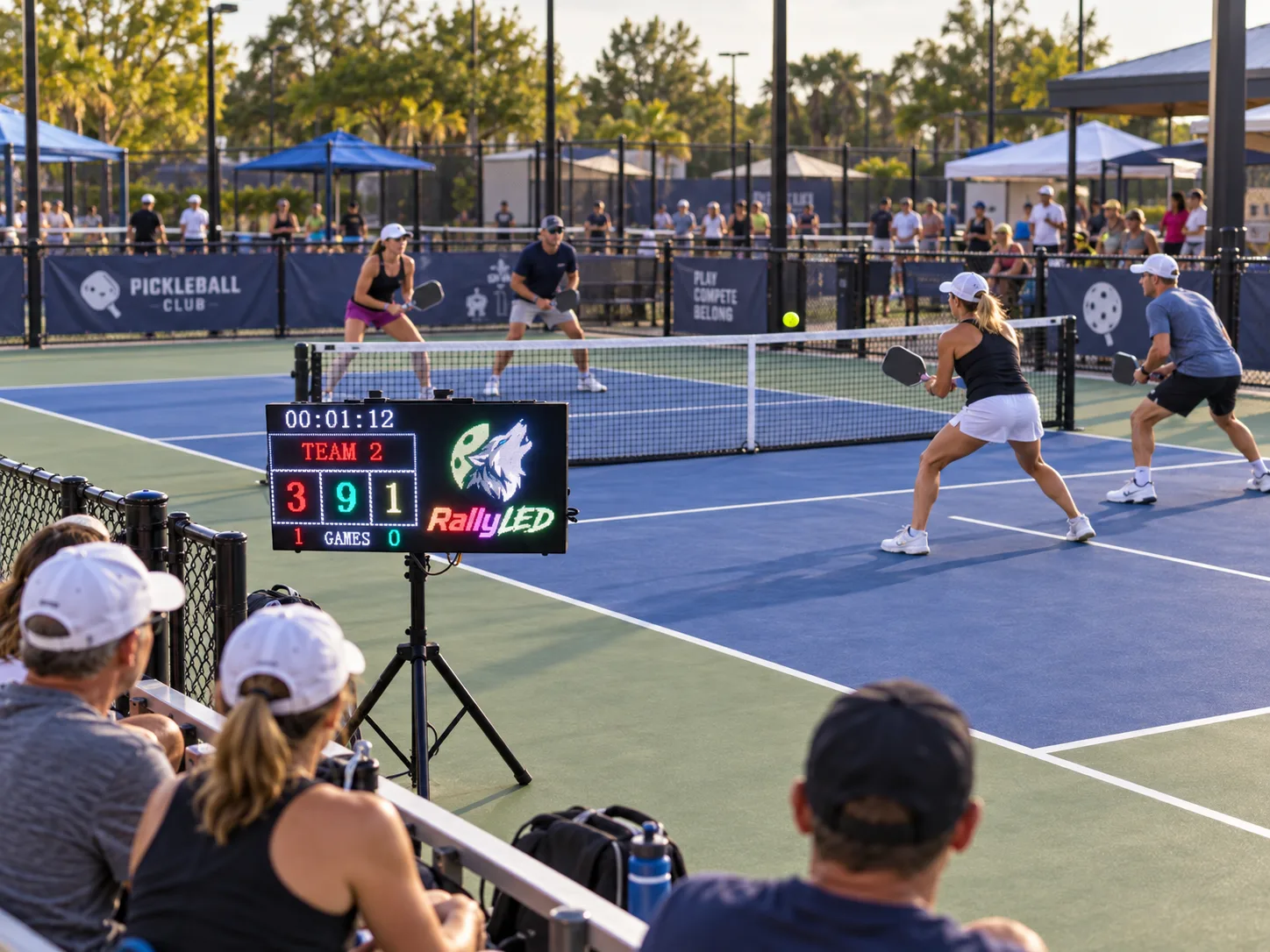 Club de pickleball con público y el marcador RALLYLED